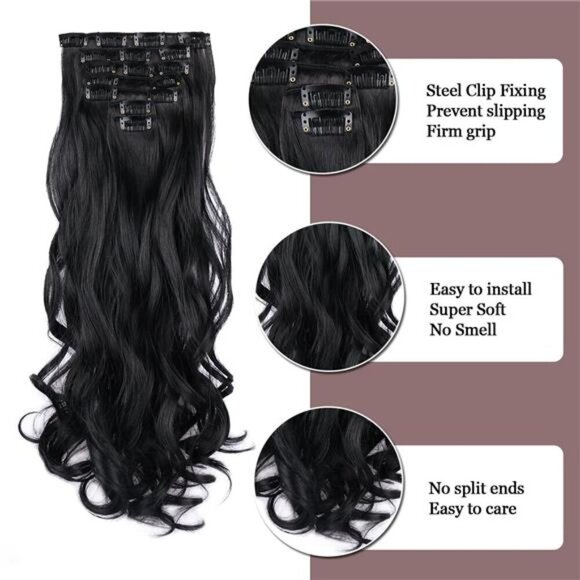 22 Inch Clip In Hair Extensions 7 PCS Long Wavy Synthetic Black Hair Extension - Picture 3 of 7